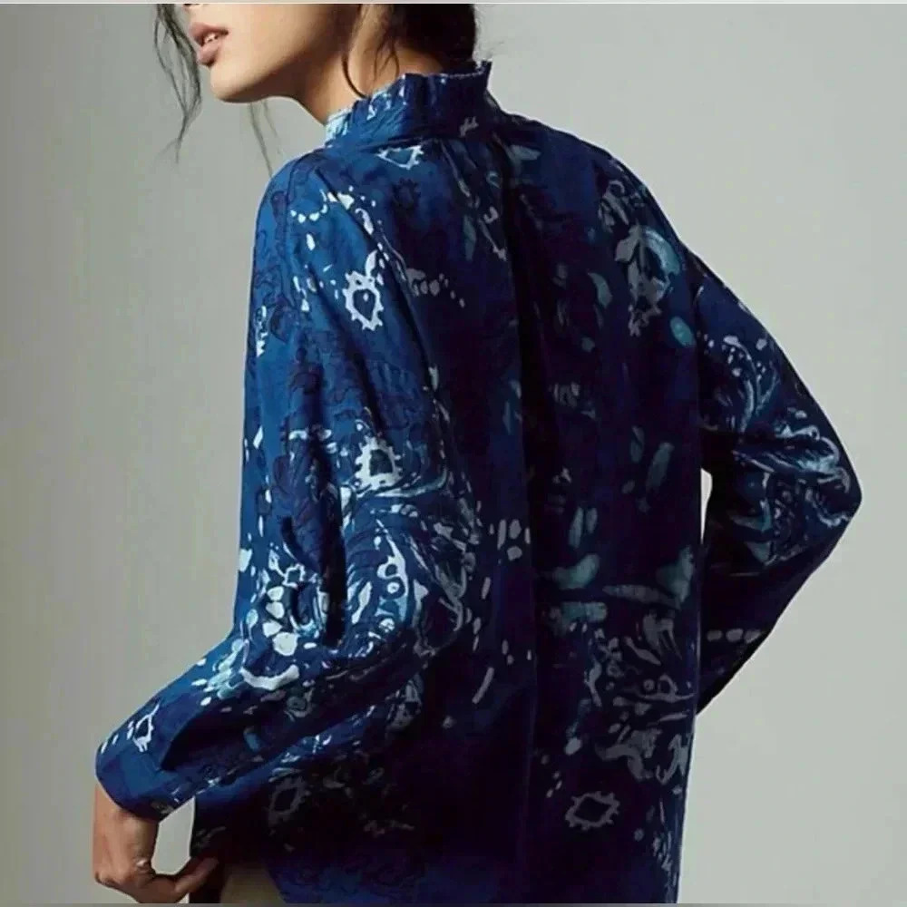 Anthropologie PILCRO Tavi Long Sleeve Blouse Indigo Dyed Blue / Size Small / - Picture 2 of 12